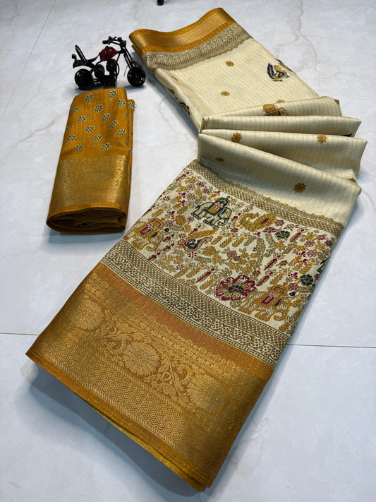 Rekko Silk Saree with All-Over Floral Design & Contrast Border - Mustard
