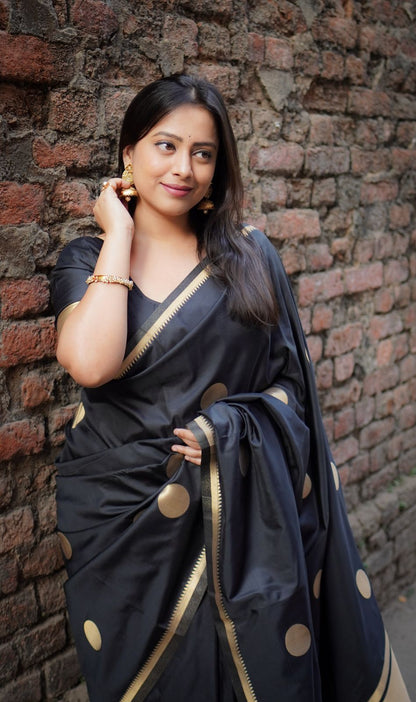 AK-414 BLACK POLKI – Elegant Semi Soft Silk Zari Woven Saree