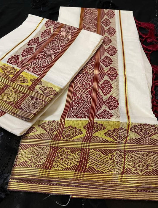 Kerala Cotton Thread Weaving Set Mundu with Kasavu Borders