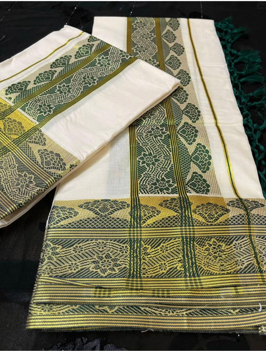 Kerala Cotton Thread Weaving Set Mundu with Kasavu Borders