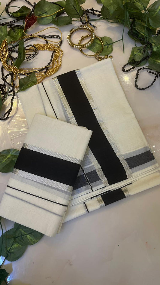 Kerala Cotton Set mundu with kattikara with silver Kasavu borders