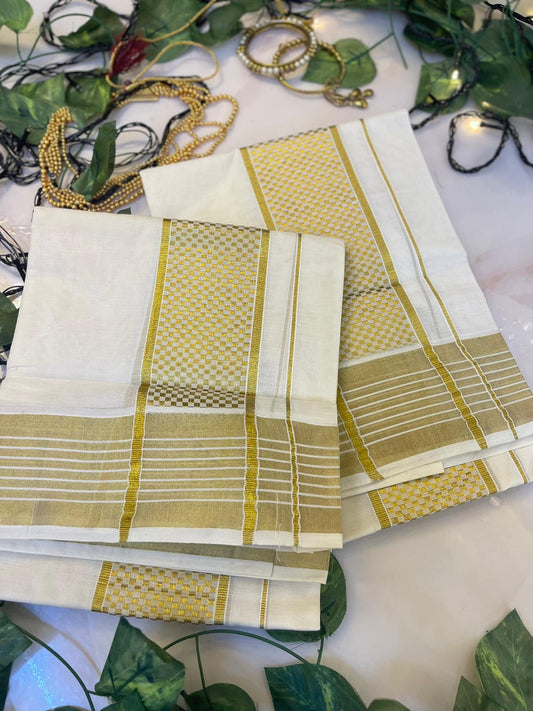 Kerala Cotton Set Mundu with Kasavu and Thread Weaving