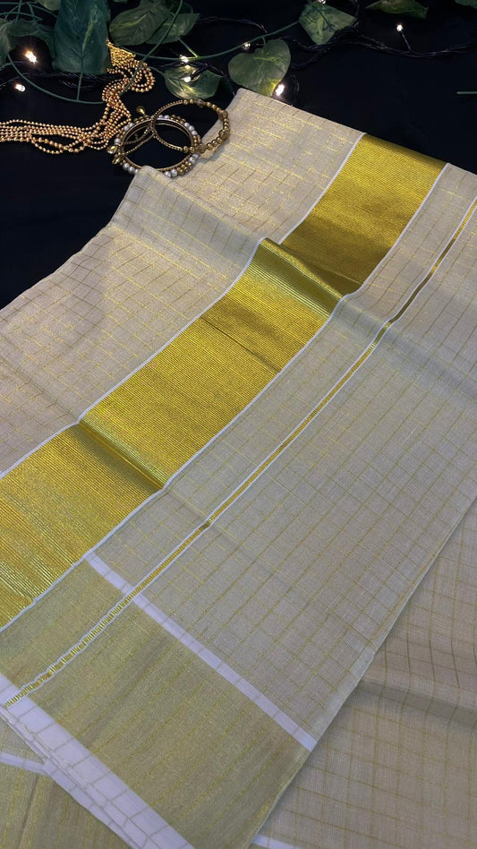 Kerala Golden Tissue Silk Checks Sarees
