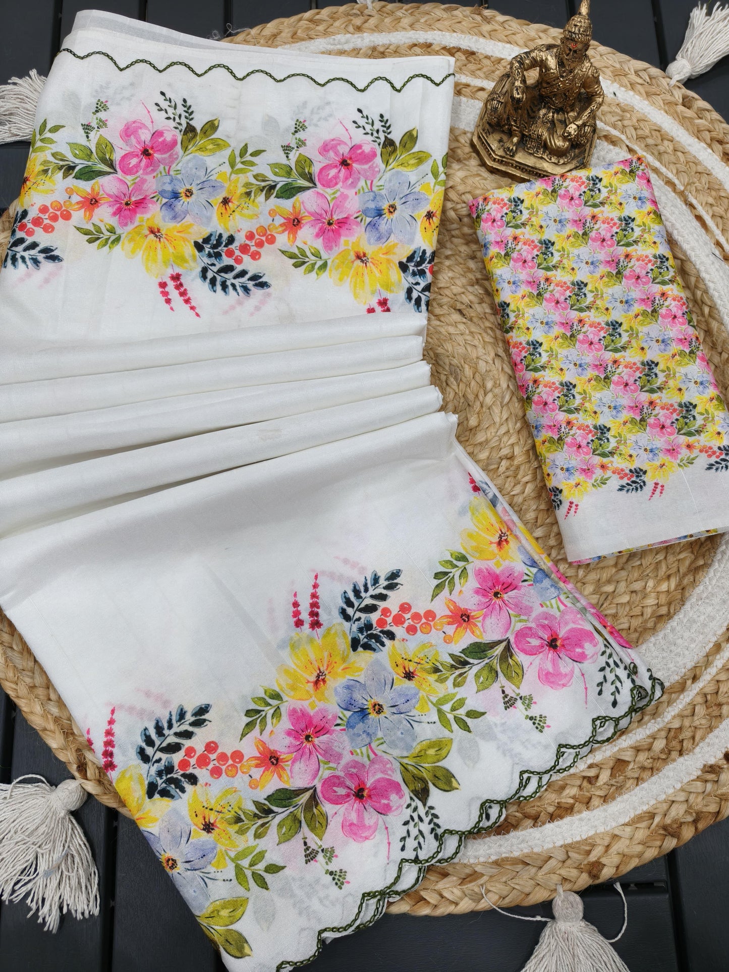Tussar Silk Sarees – Floral Prints & Scalloped Embroidered Borders