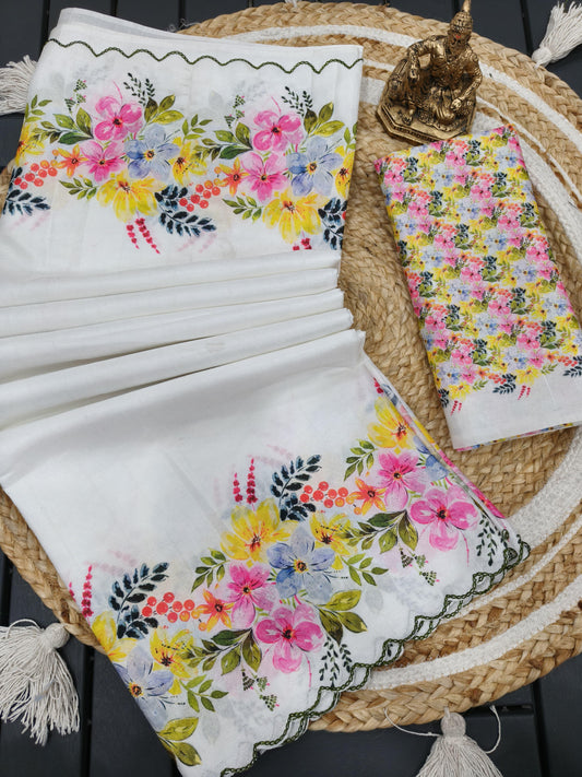 Tussar Silk Sarees – Floral Prints & Scalloped Embroidered Borders