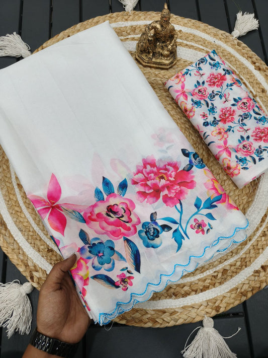 Tussar Silk Sarees – Floral Prints with Scalloped Embroidered Borders