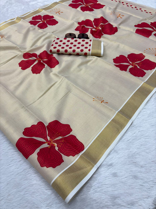 Golden Tissue Silk Cotton Sarees – Floral Prints with Regal Charm