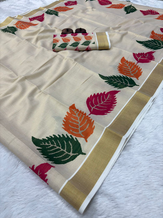 Golden Tissue Silk Cotton Sarees – Floral Prints with Regal Charm