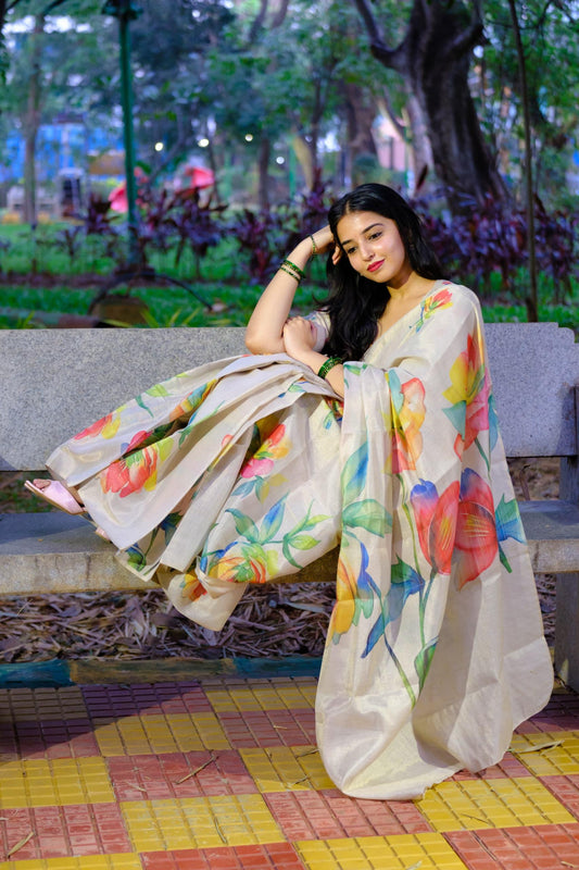 Semi Tussar Silk Sarees with Floral Print – Graceful Ready-to-Ship Elegance