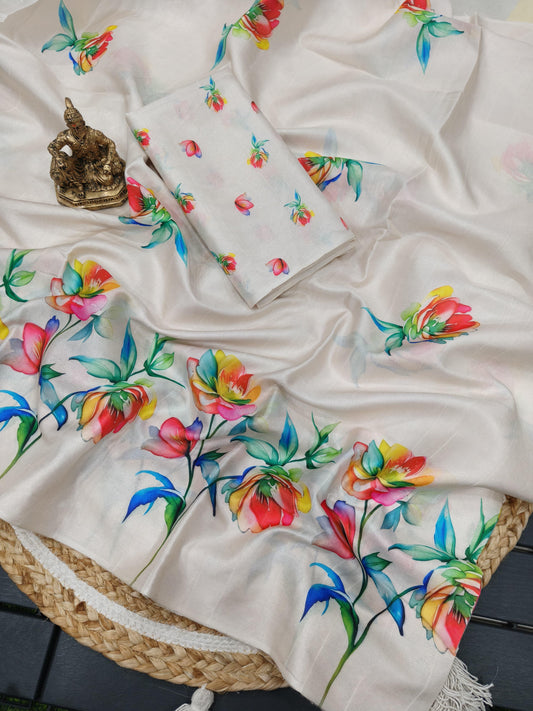 Semi Tussar Silk Sarees with Floral Print – Graceful Ready-to-Ship Elegance