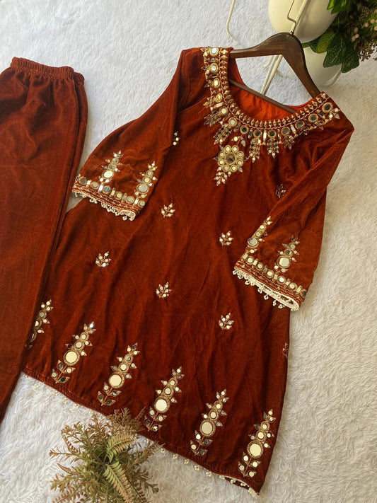 Velvet Real Mirror Work Suit Set - BROWN