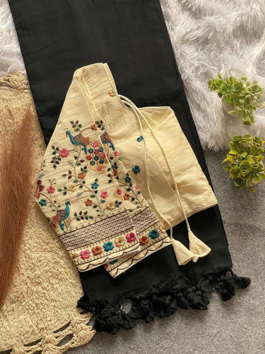 Khadi Cotton Plain Saree with Embroidered Blouse – 99 AED