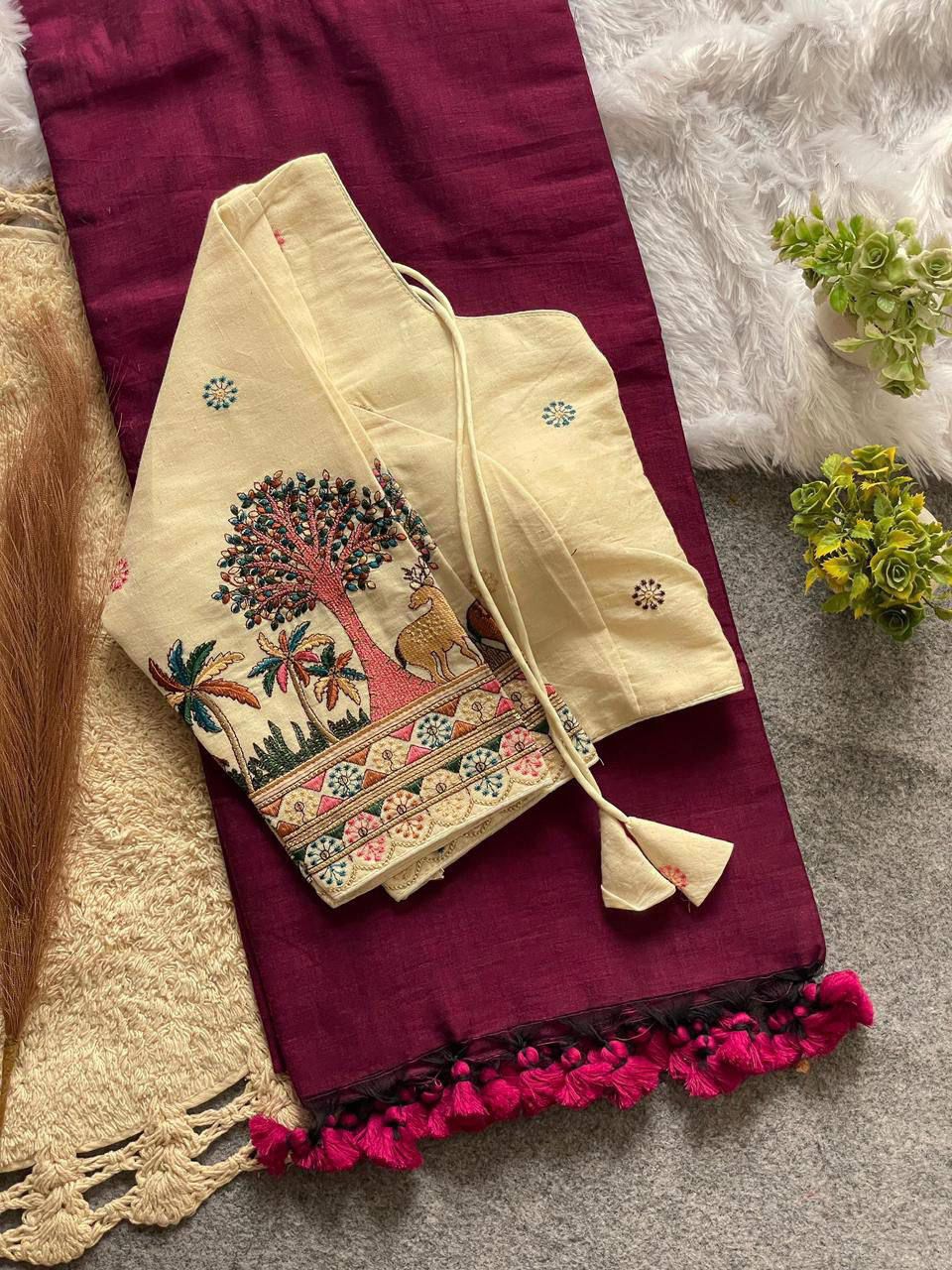 Khadi Cotton Plain Saree with Embroidered Blouse – 99 AED