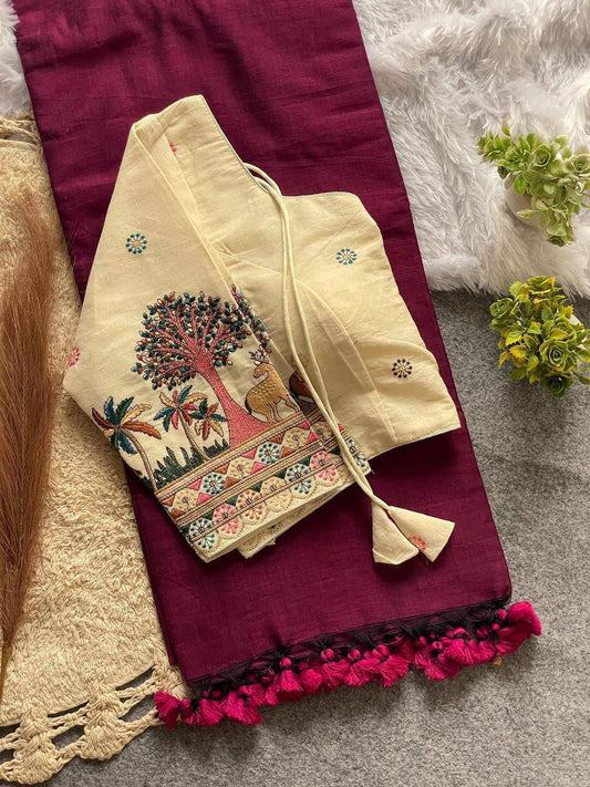 Khadi Cotton Plain Saree with Embroidered Blouse – 99 AED