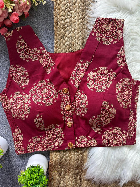 Ajrakh Cotton Side Elastic Stretchable Blouse Regular Size