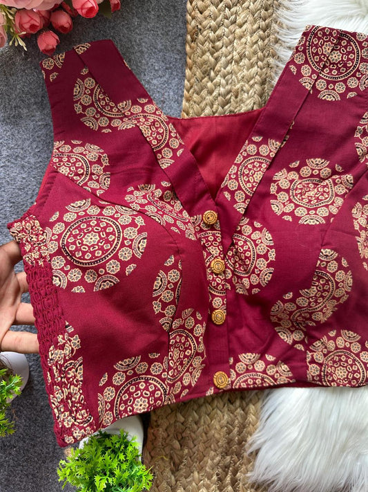 Ajrakh Cotton Side Elastic Stretchable Blouse Regular Size