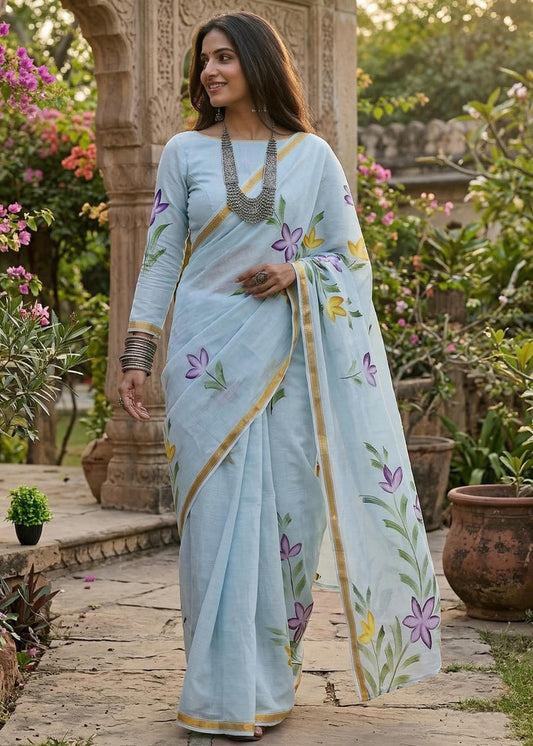 Maslin Cotton Sarees with Painted Floral Designs – 69 AED