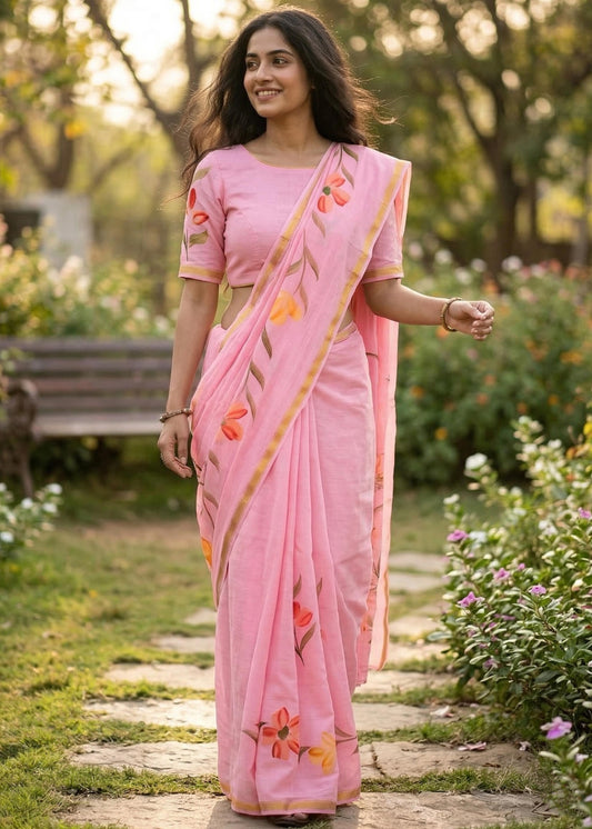Maslin Cotton Sarees with Painted Floral Designs – 69 AED