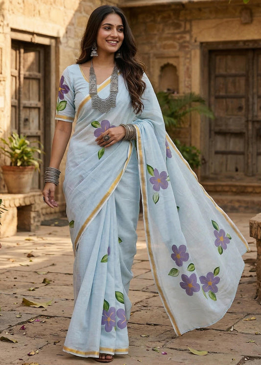 Maslin Cotton Sarees with Painted Floral Designs – 69 AED