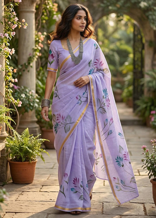Maslin Cotton Sarees with Painted Floral Designs – 69 AED