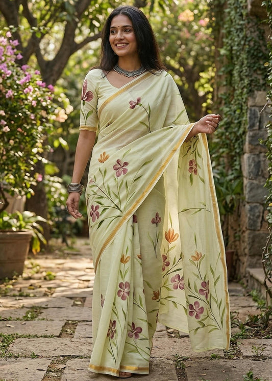 Maslin Cotton Sarees with Painted Floral Designs – 69 AED