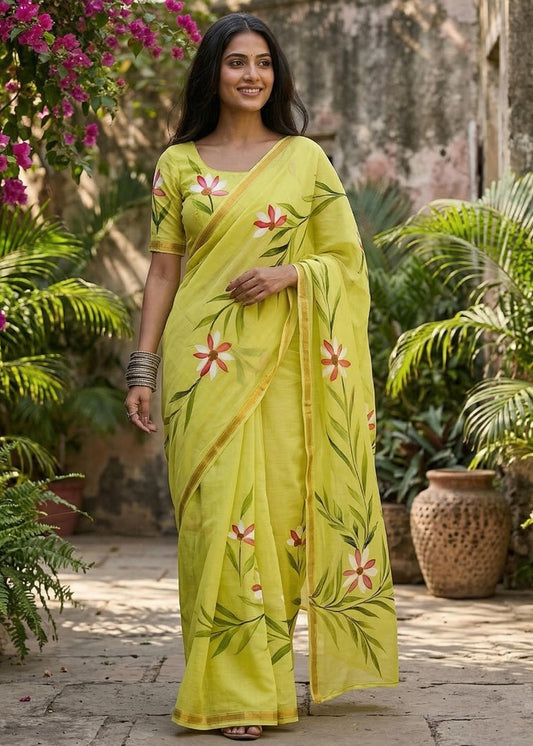 Maslin Cotton Sarees with Painted Floral Designs – 69 AED