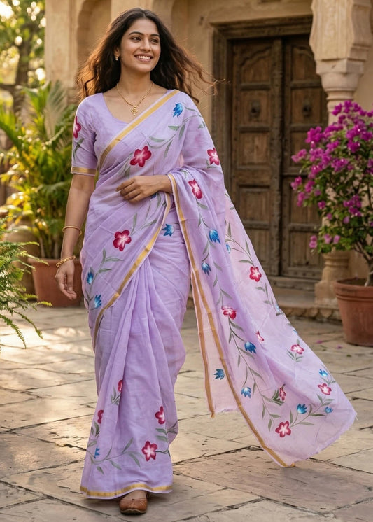 Maslin Cotton Sarees with Painted Floral Designs – 69 AED