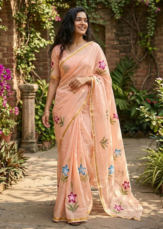 Maslin Cotton Sarees with Painted Floral Designs – 69 AED