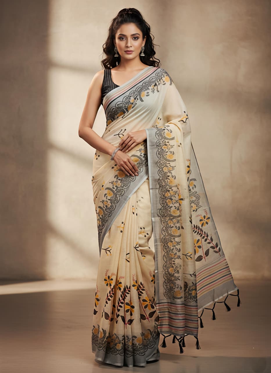 Linen Slub Cotton Floral Sarees – 59 AED