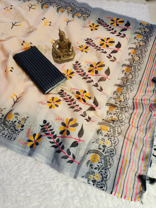 Linen Slub Cotton Floral Sarees – 59 AED