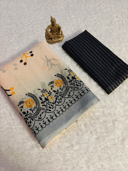 Linen Slub Cotton Floral Sarees – 59 AED