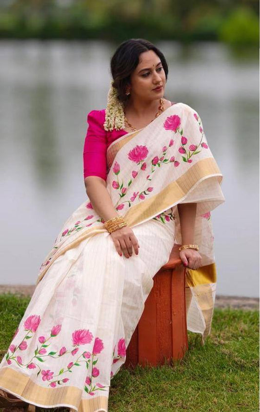 Linen Slub Cotton Floral Sarees – 59 AED