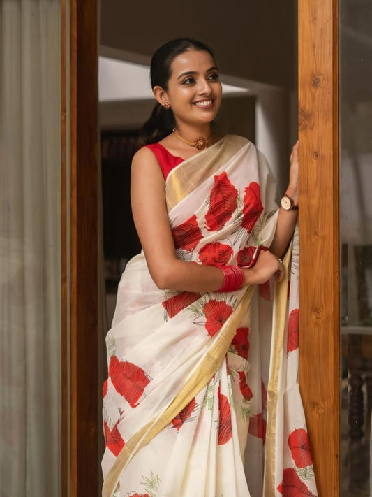 Linen Slub Cotton Floral Sarees – 59 AED