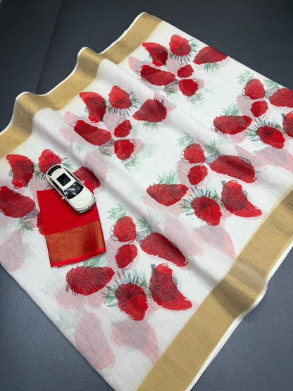 Linen Slub Cotton Floral Sarees – 59 AED