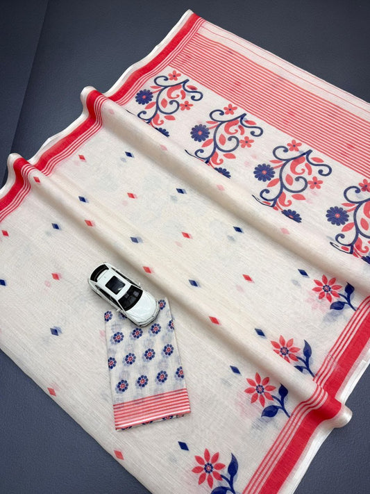 Linen Slub Cotton Floral Sarees – 59 AED