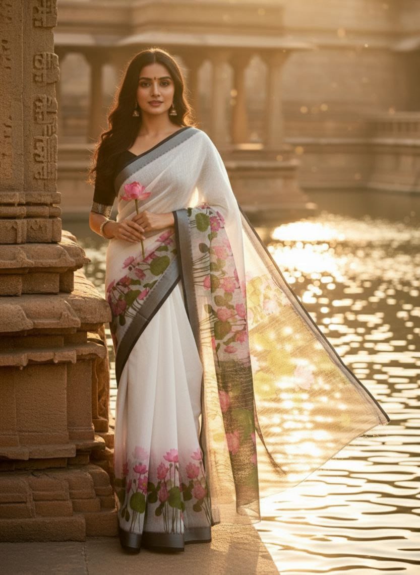 Linen Slub Cotton Floral Sarees – 59 AED