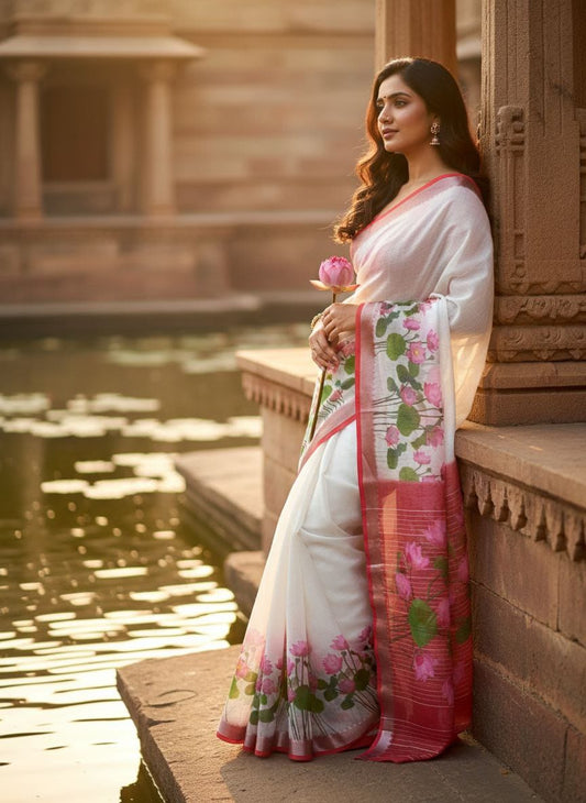 Linen Slub Cotton Floral Sarees – 59 AED