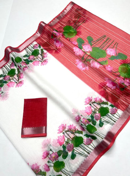 Linen Slub Cotton Floral Sarees – 59 AED