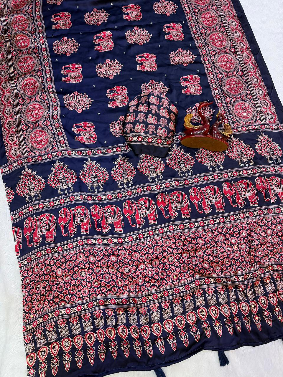 Ajrakh Crepe Silk Sarees with Real Mirror Work – 99 AED NAVY BLUE