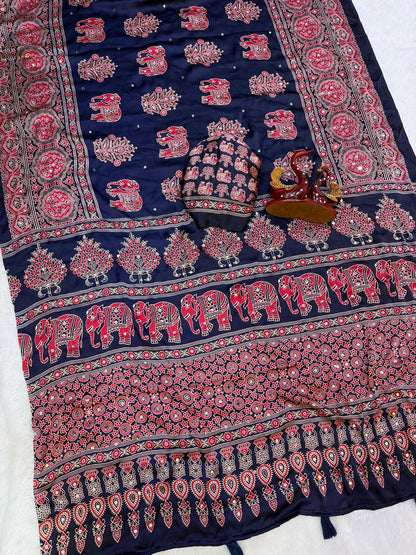 Ajrakh Crepe Silk Sarees with Real Mirror Work – 99 AED NAVY BLUE