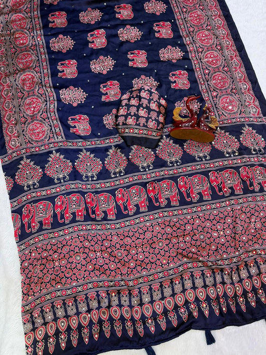 Ajrakh Crepe Silk Sarees with Real Mirror Work – 99 AED NAVY BLUE