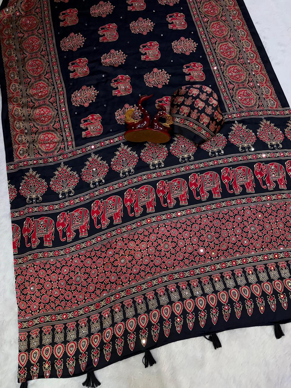 Ajrakh Crepe Silk Sarees with Real Mirror Work – 99 AED BLACK