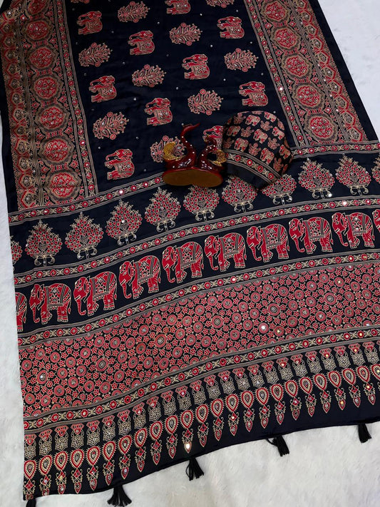 Ajrakh Crepe Silk Sarees with Real Mirror Work – 99 AED BLACK
