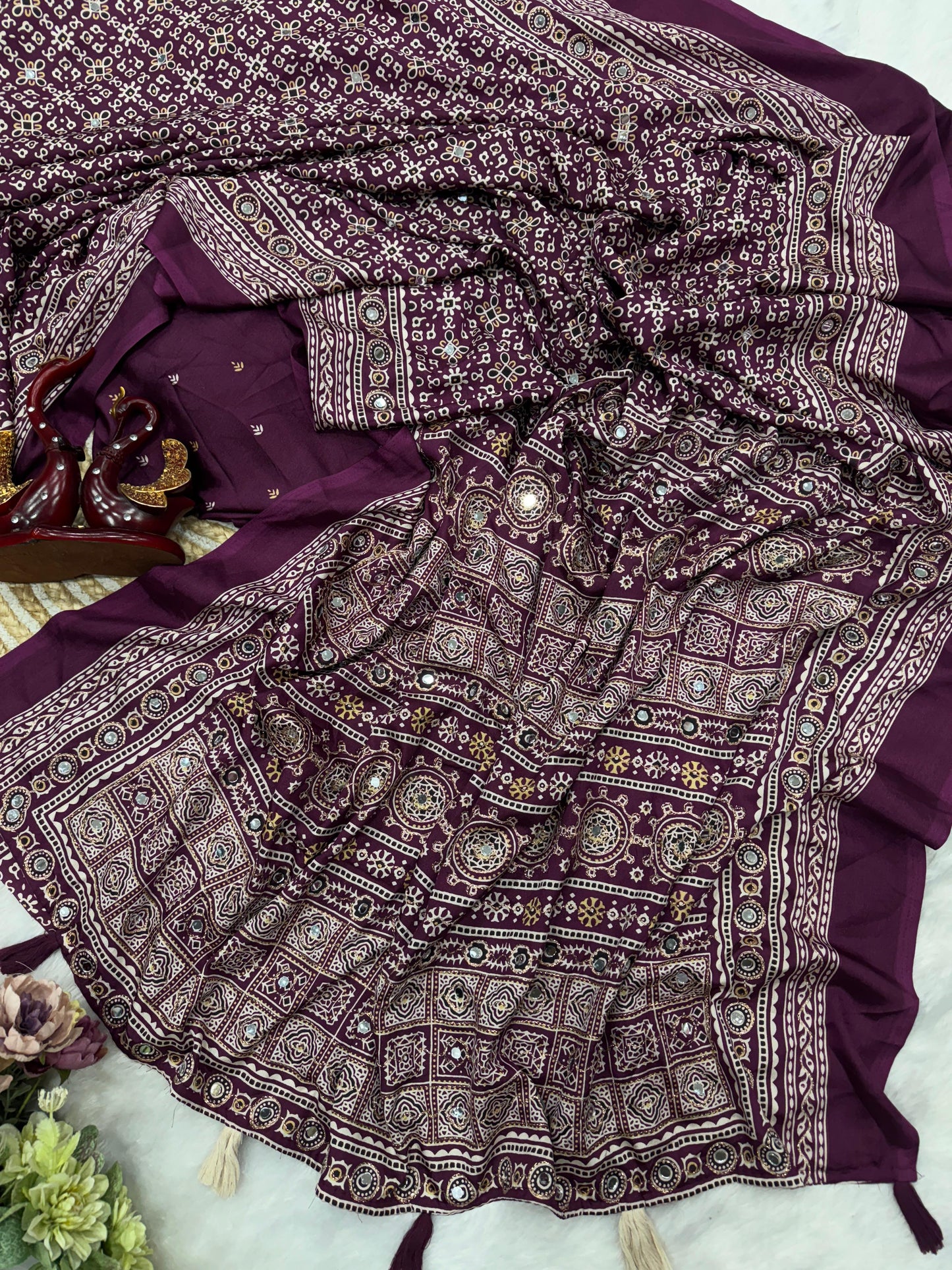 Ajrakh Crepe Silk Sarees with Real Mirror Work – 99 AED WINE