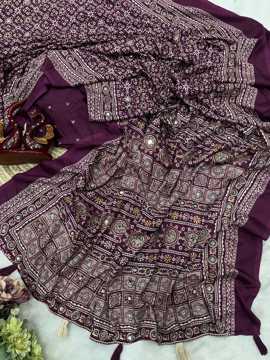 Ajrakh Crepe Silk Sarees with Real Mirror Work – 99 AED WINE