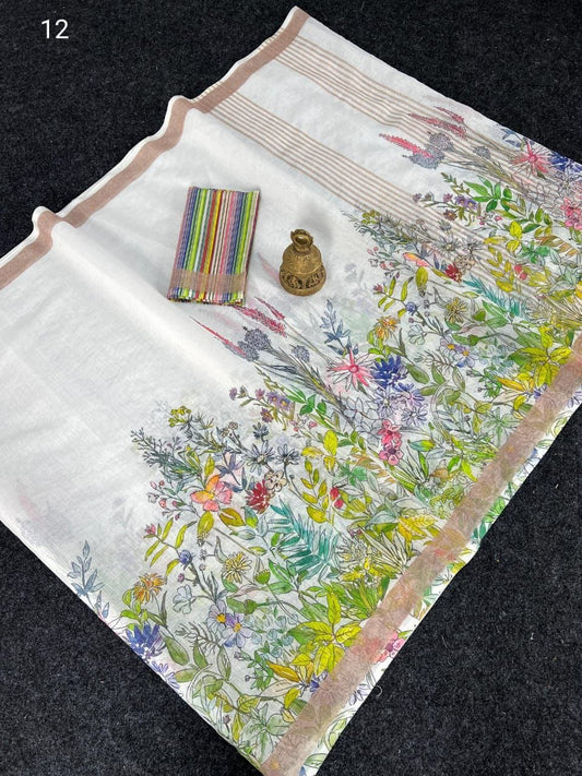 Linen Slub Cotton Floral Sarees – 59 AED