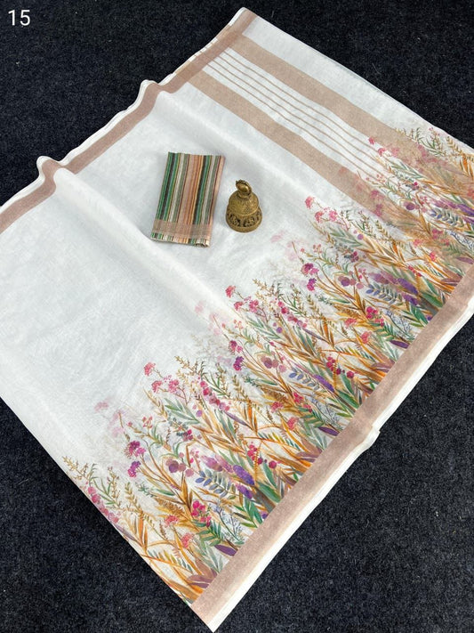 Linen Slub Cotton Floral Sarees – 59 AED