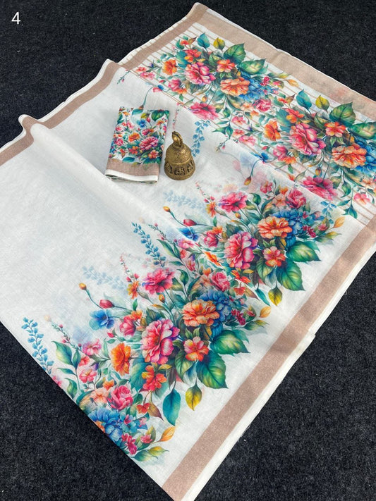 Linen Slub Cotton Floral Sarees – 59 AED