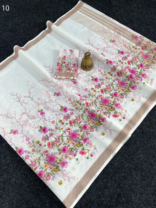 Linen Slub Cotton Floral Sarees – 59 AED