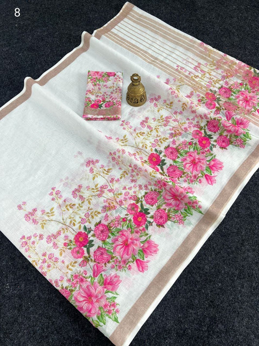 Linen Slub Cotton Floral Sarees – 59 AED